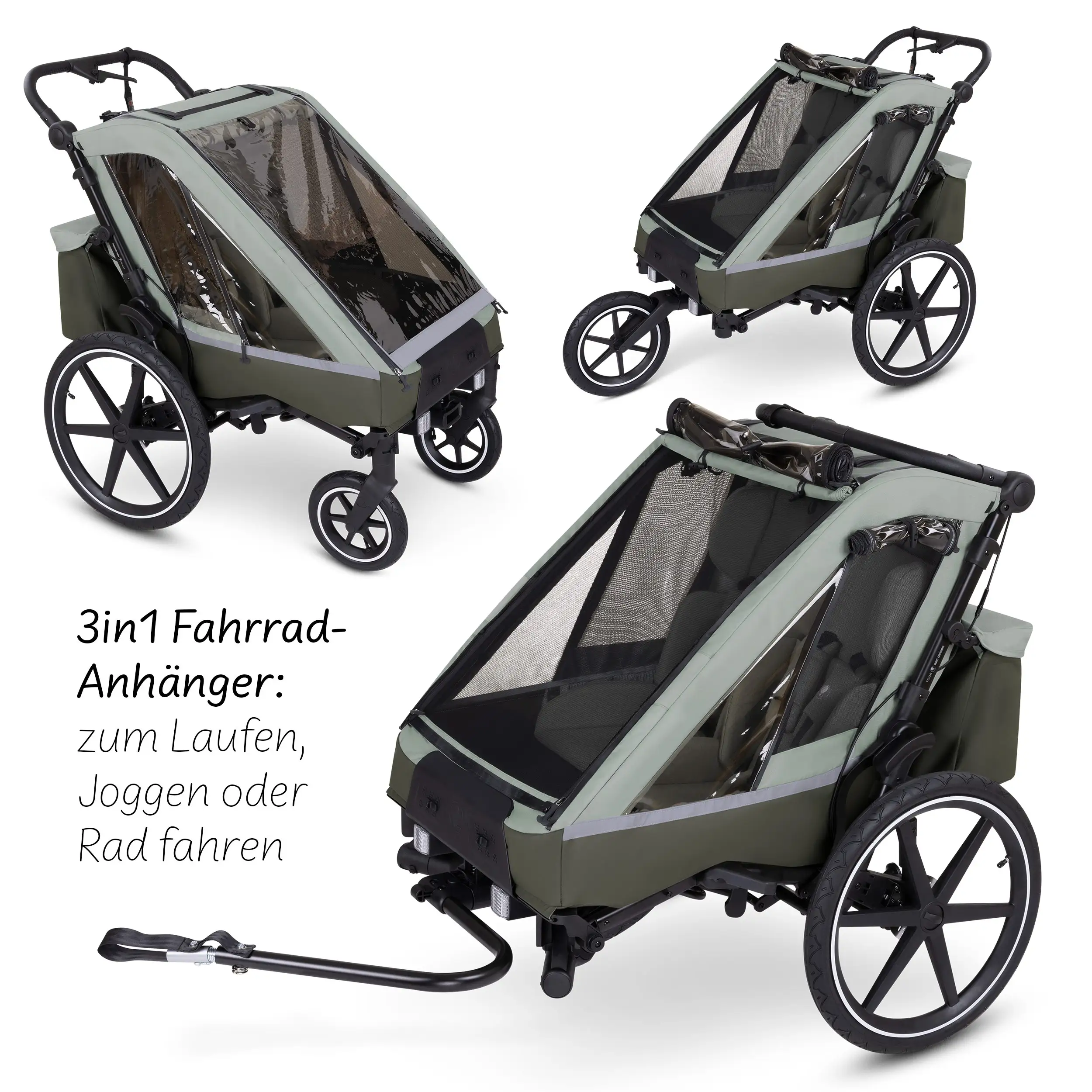 Remorque à vélo Tour 2 avec 2 sièges confortables et roues gonflables - Olive