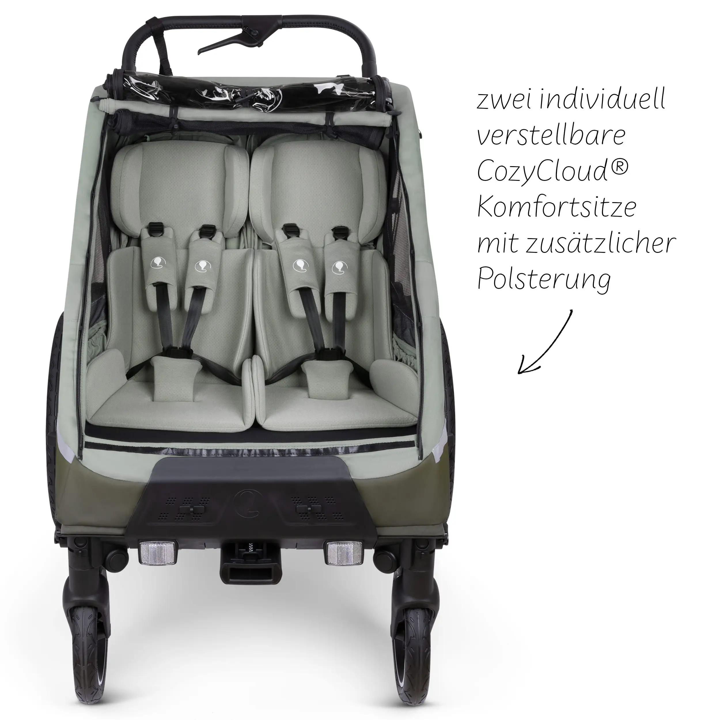 Remorque à vélo Tour 2 avec 2 sièges confortables et roues gonflables - Olive