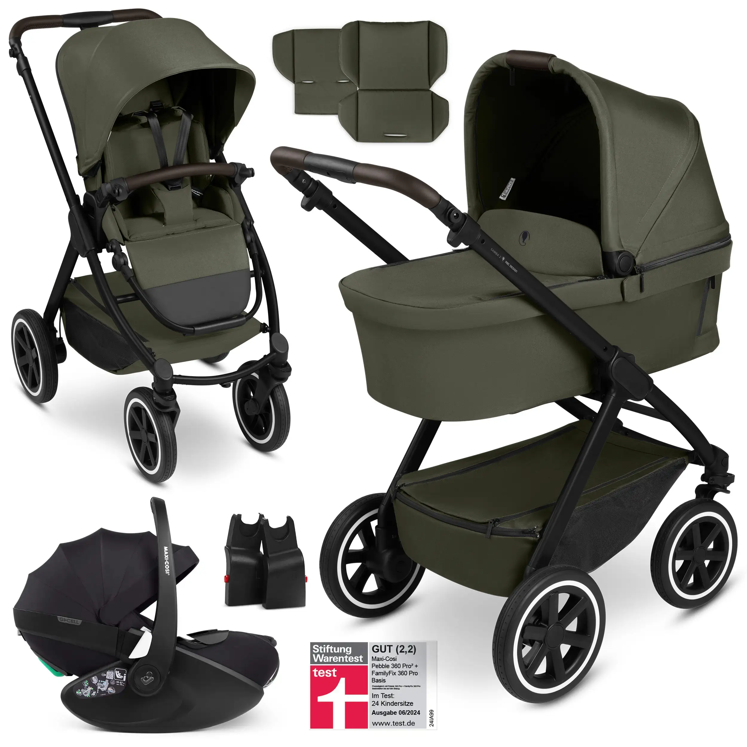 Ensemble poussette 3 en 1 Samba 2 avec coque auto Maxi Cosi Pebble 360 Pro 2 - Avocado