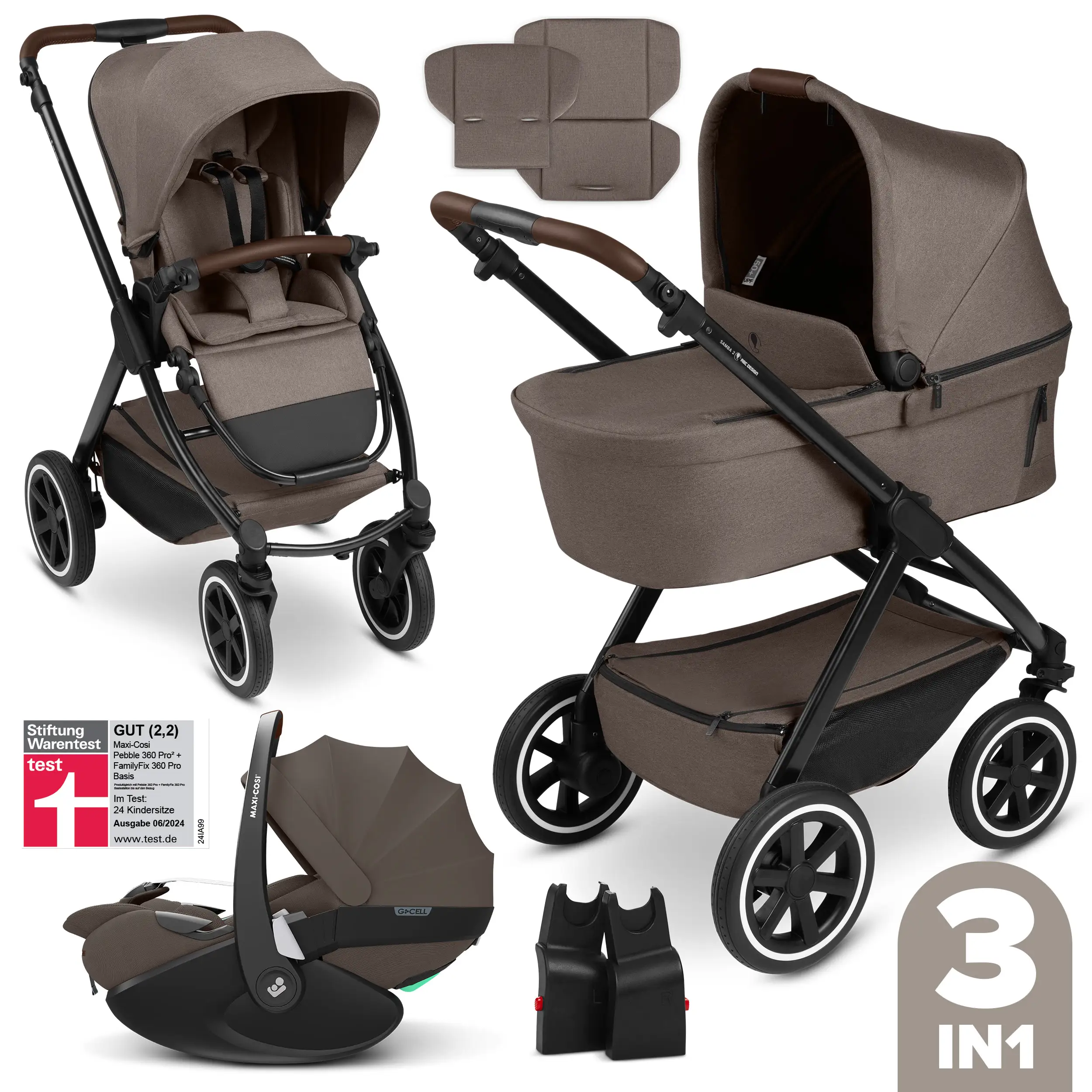Ensemble poussette 3 en 1 Samba 2 avec siège auto pour bébé Maxi Cosi Pebble 360 Pro 2 - Nature