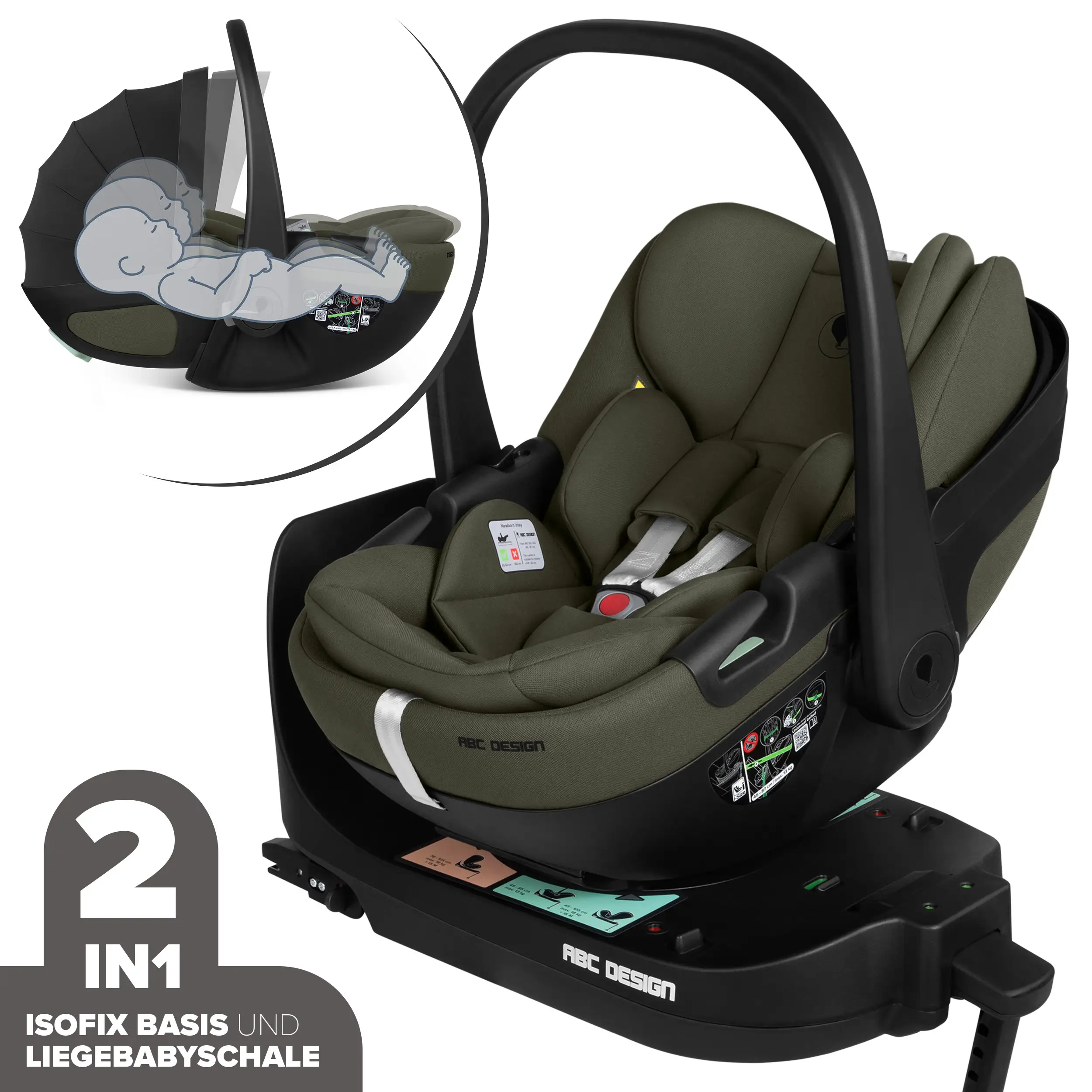 Coque auto Calla i-Size avec position allongée, base ISOFIX rotative Root incluse - Olive