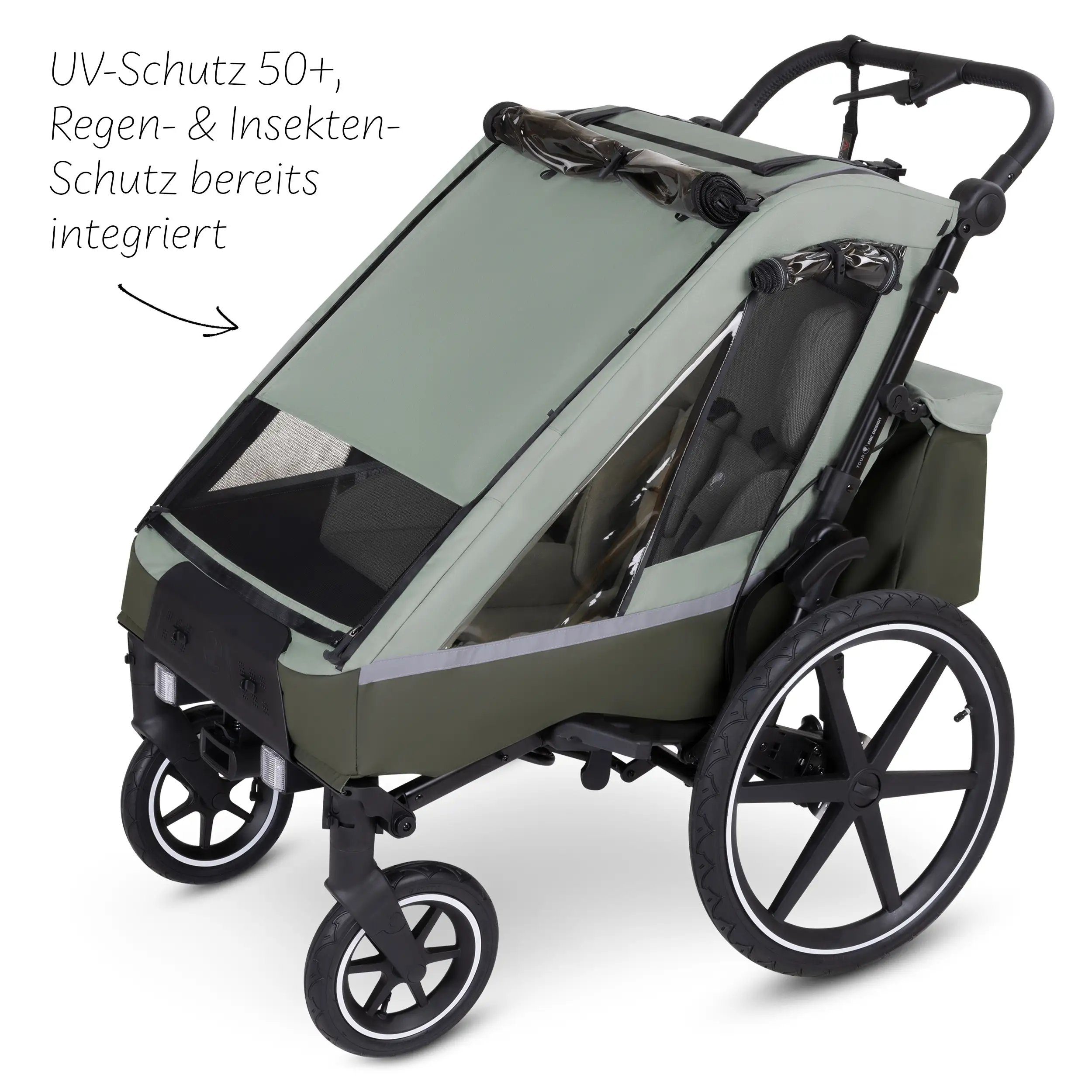 Remorque à vélo Tour avec 2 sièges confort et roues gonflables - Olive