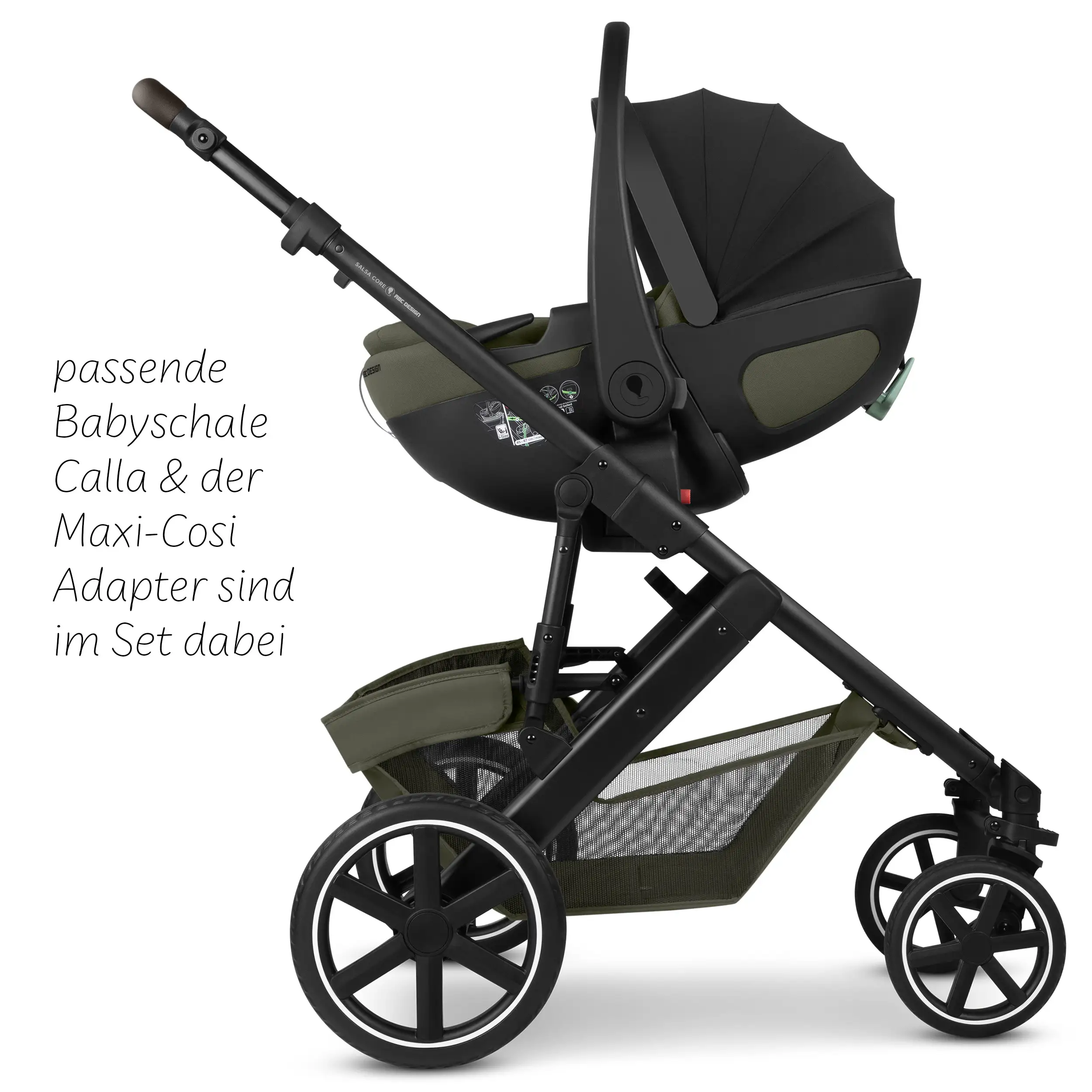 Ensemble poussette 4en1 Salsa Core avec coque auto inclinable Calla et base ISOFIX Root - Olive