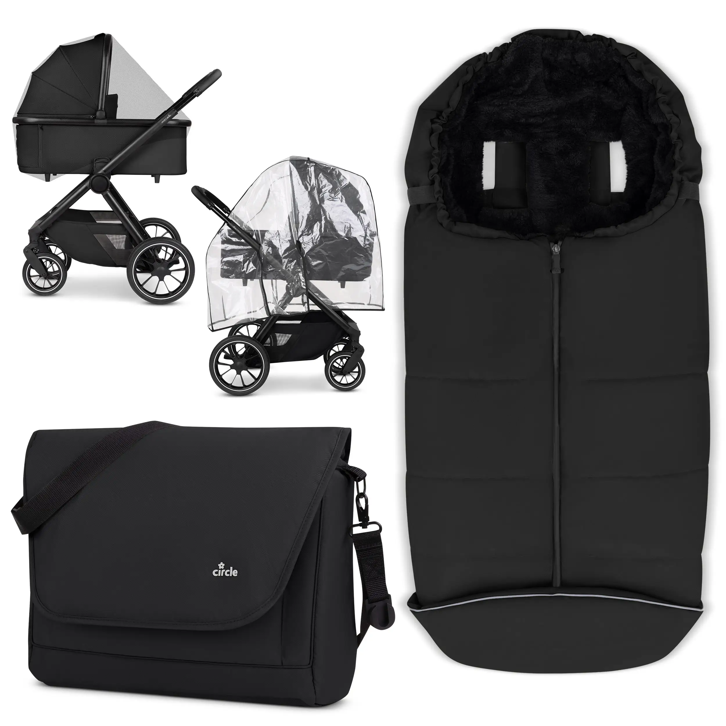  Ensemble d'accessoires pour poussette - Sac à langer, Chancelière d'hiver, Housse de pluie et Moustiquaire - Black