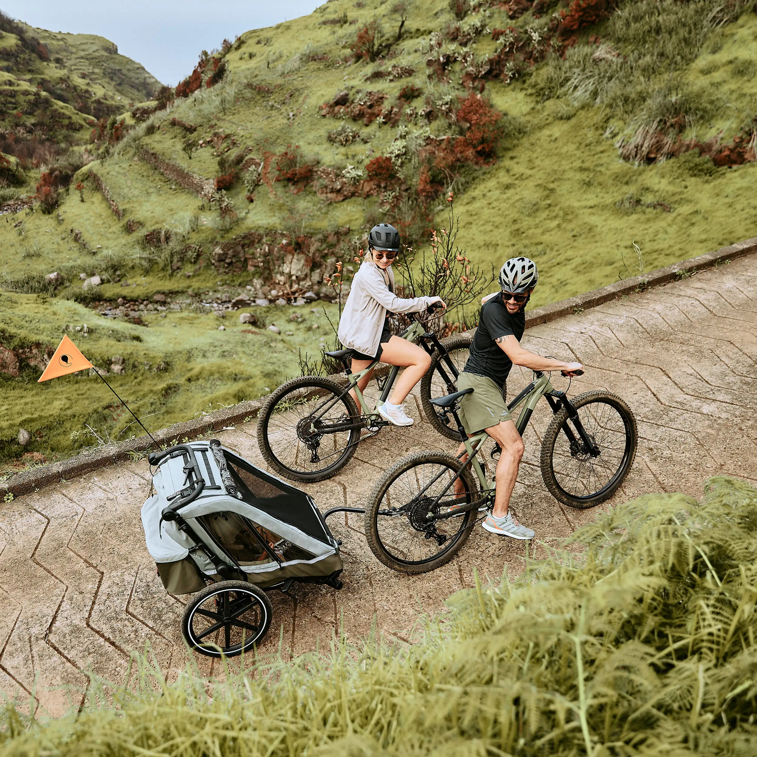 Remorque à vélo Tour avec 2 sièges confort et roues gonflables - Olive