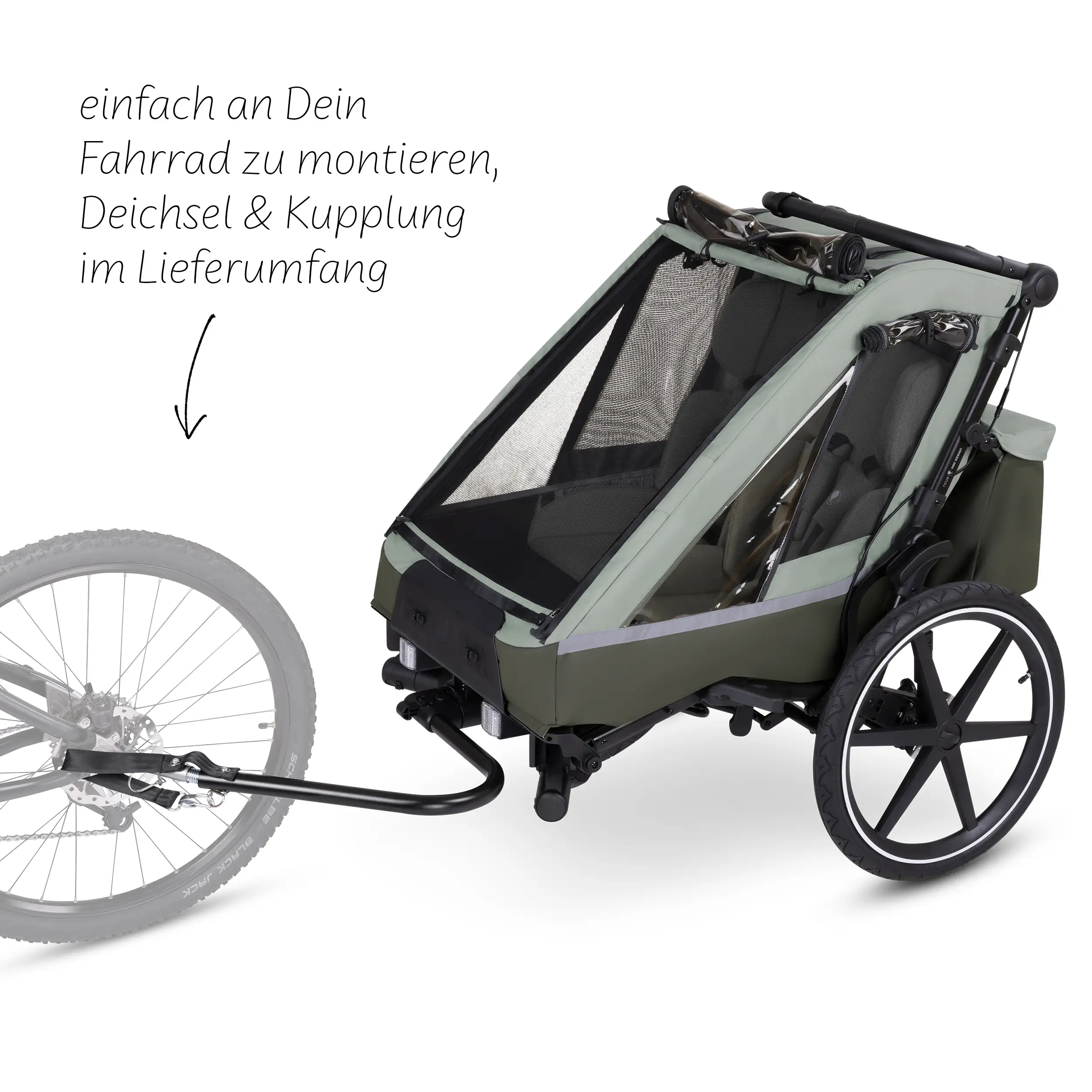Remorque à vélo Tour avec 2 sièges confort et roues gonflables - Olive