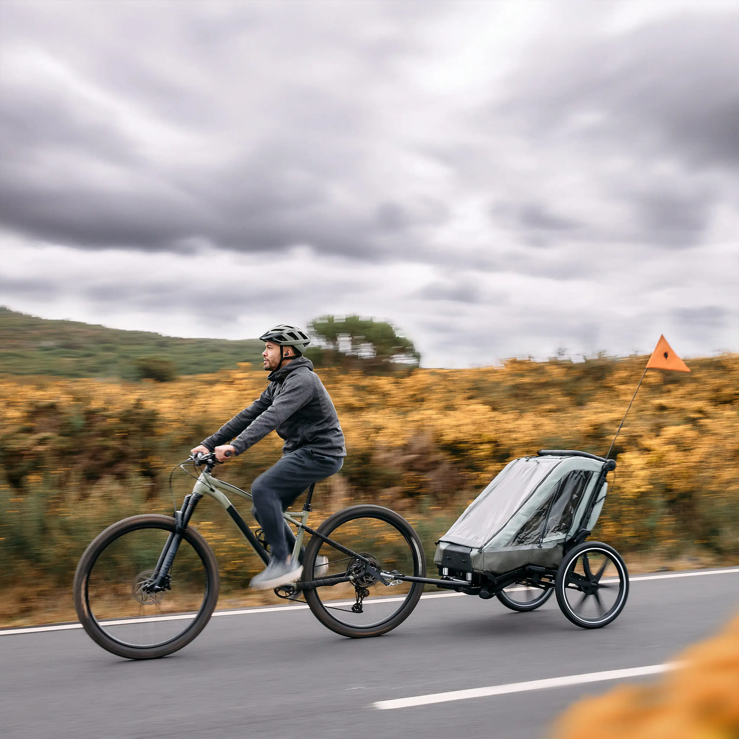 Remorque à vélo Tour 2 avec 2 sièges confortables et roues gonflables - Olive