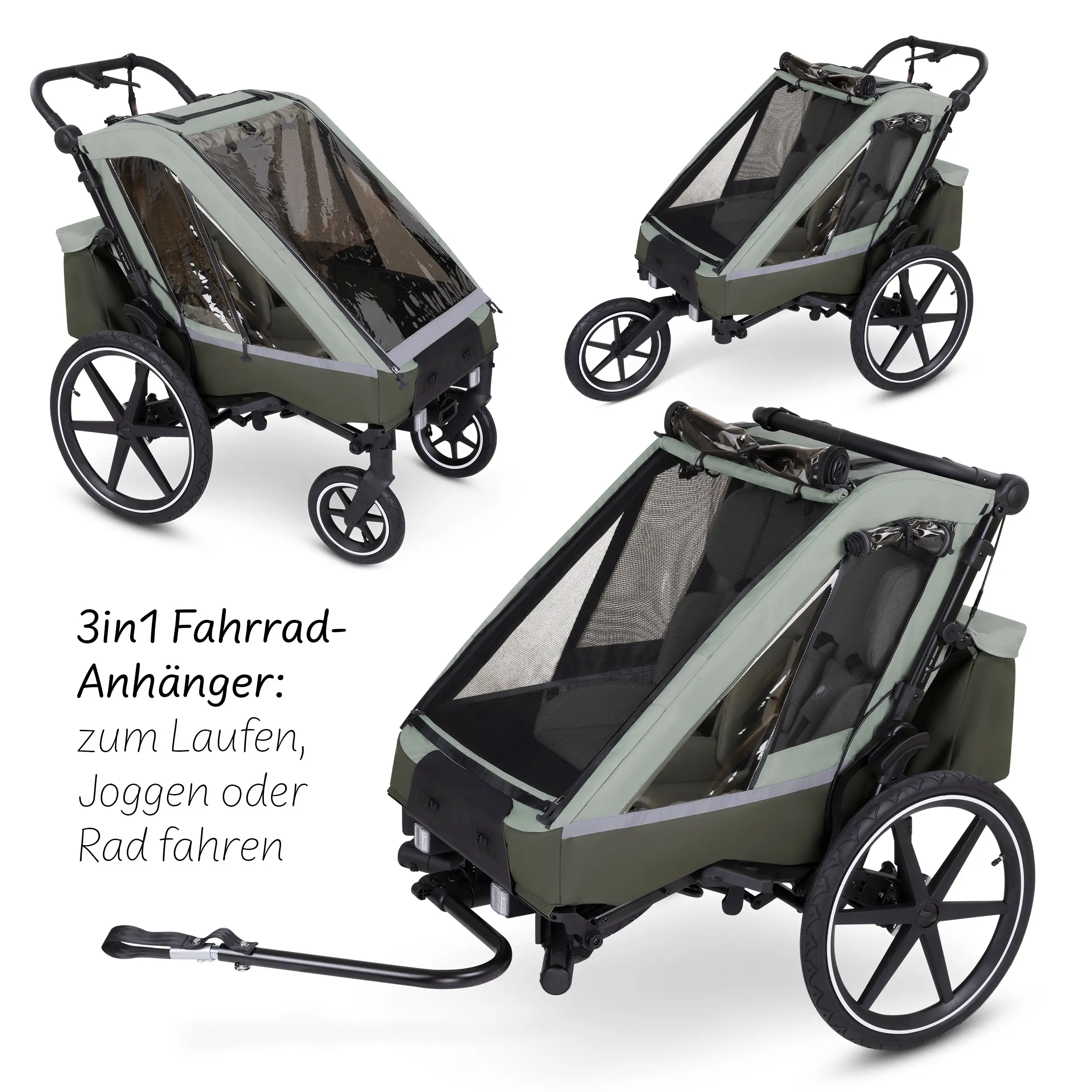 Remorque à vélo Tour avec 2 sièges confort et roues gonflables - Olive