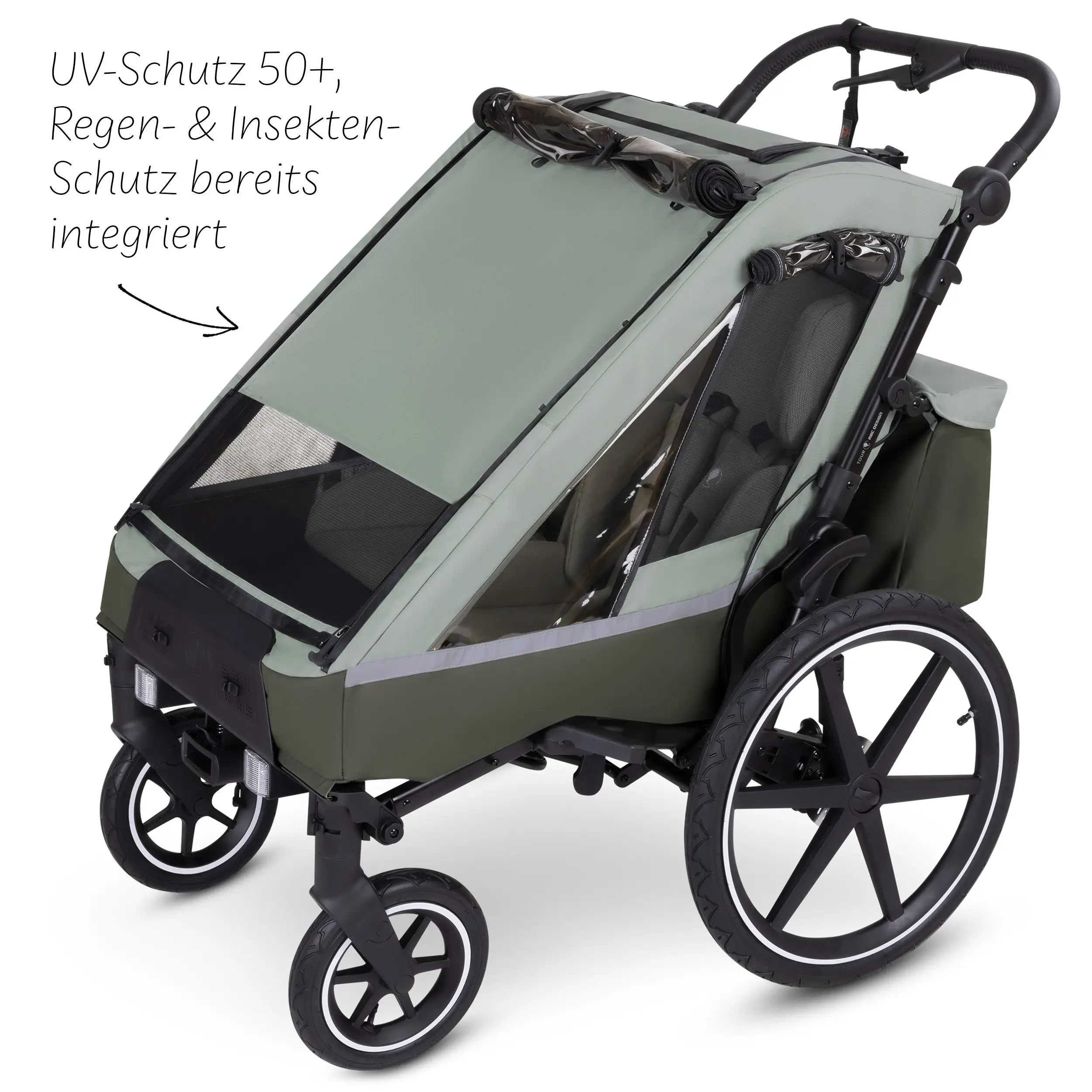 Remorque à vélo Tour 2 avec 2 sièges confortables et roues gonflables - Olive