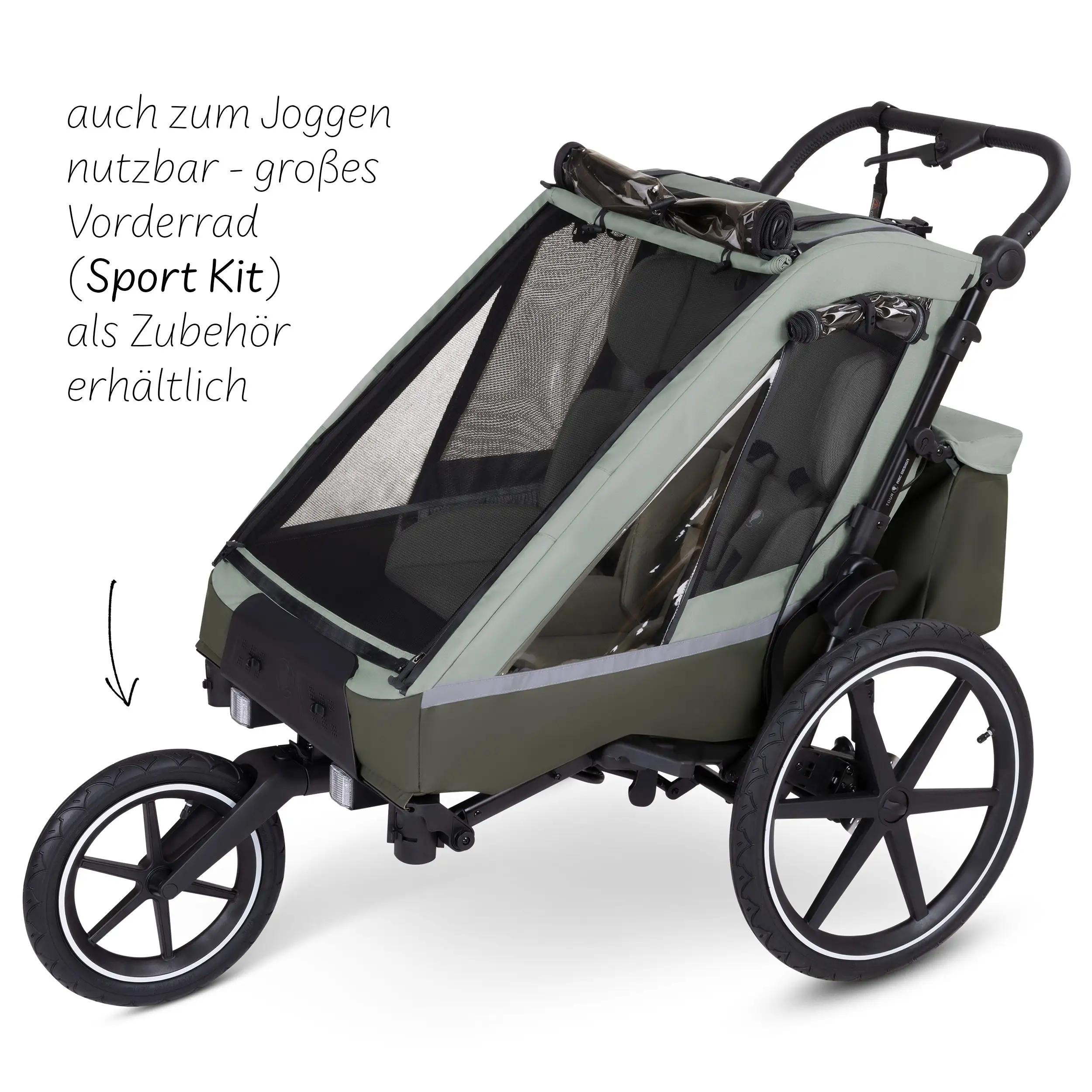 Remorque à vélo Tour 2 avec 2 sièges confortables et roues gonflables - Olive