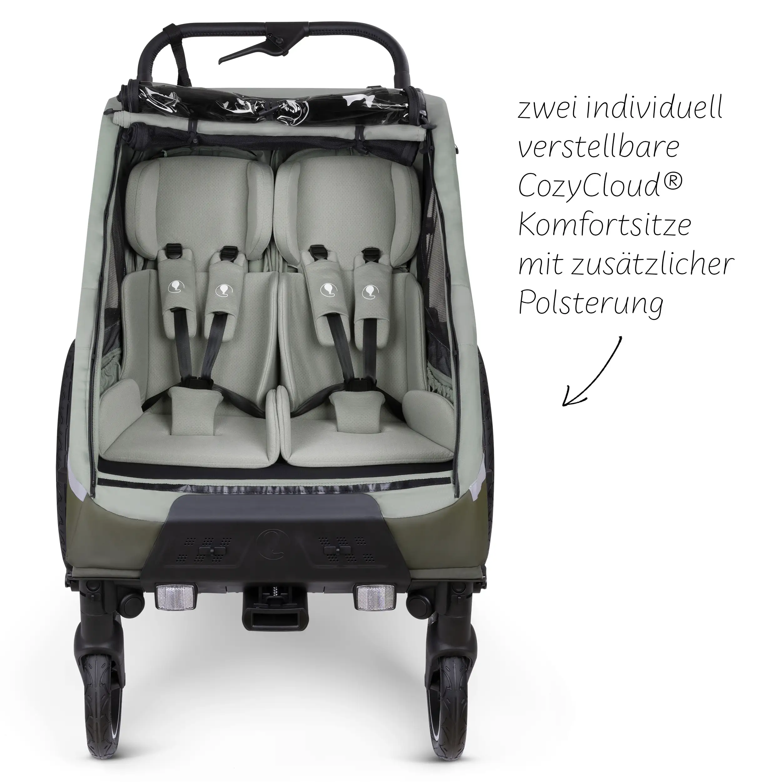 Remorque à vélo Tour avec 2 sièges confort et roues gonflables - Olive